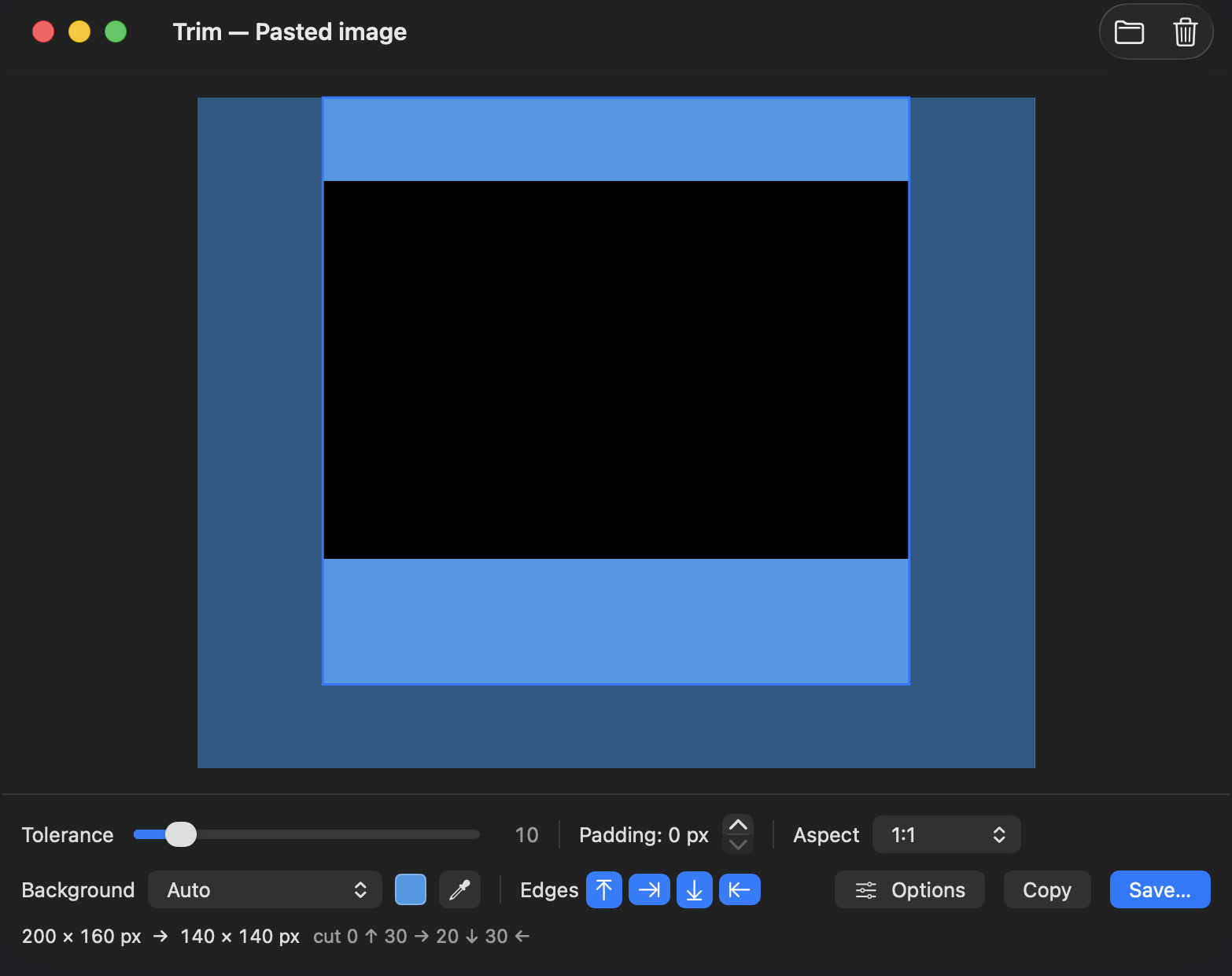 Trim's window: a blue-bordered image cropped down to its black artwork, with background, tolerance, edge lock, aspect ratio, and export controls alongside