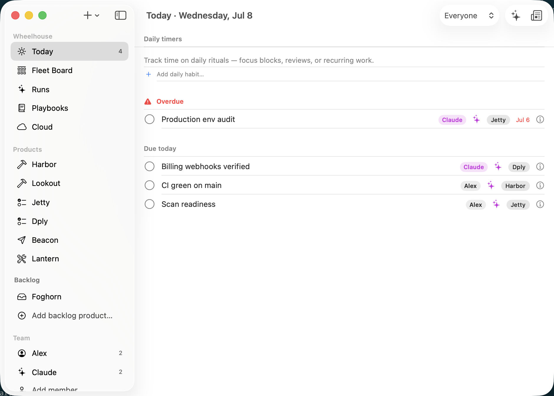 Wheelhouse Today view listing overdue and upcoming tasks across the fleet